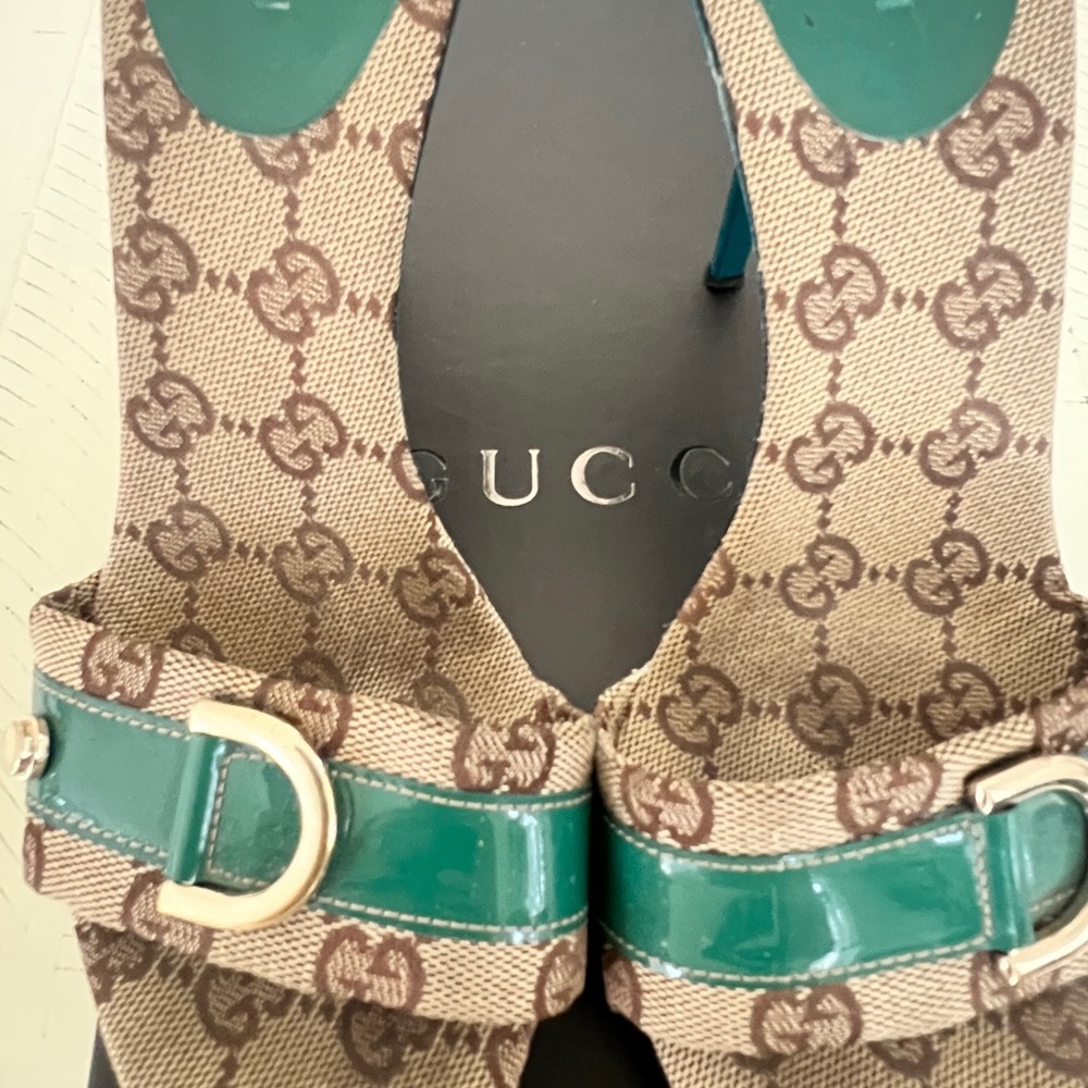 Gucci Beige Monogram Sandals with Green and Silver Details